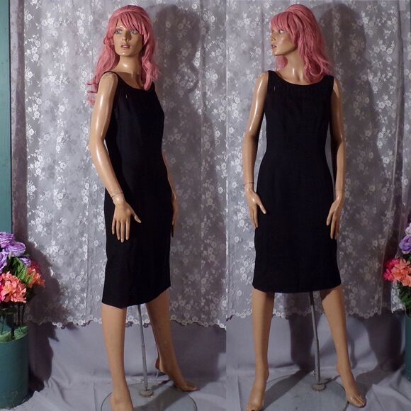 Vintage 60s Black Cocktail Dress Linen Cut Outs Classic 1960s Size Medium - Picture 1 of 6